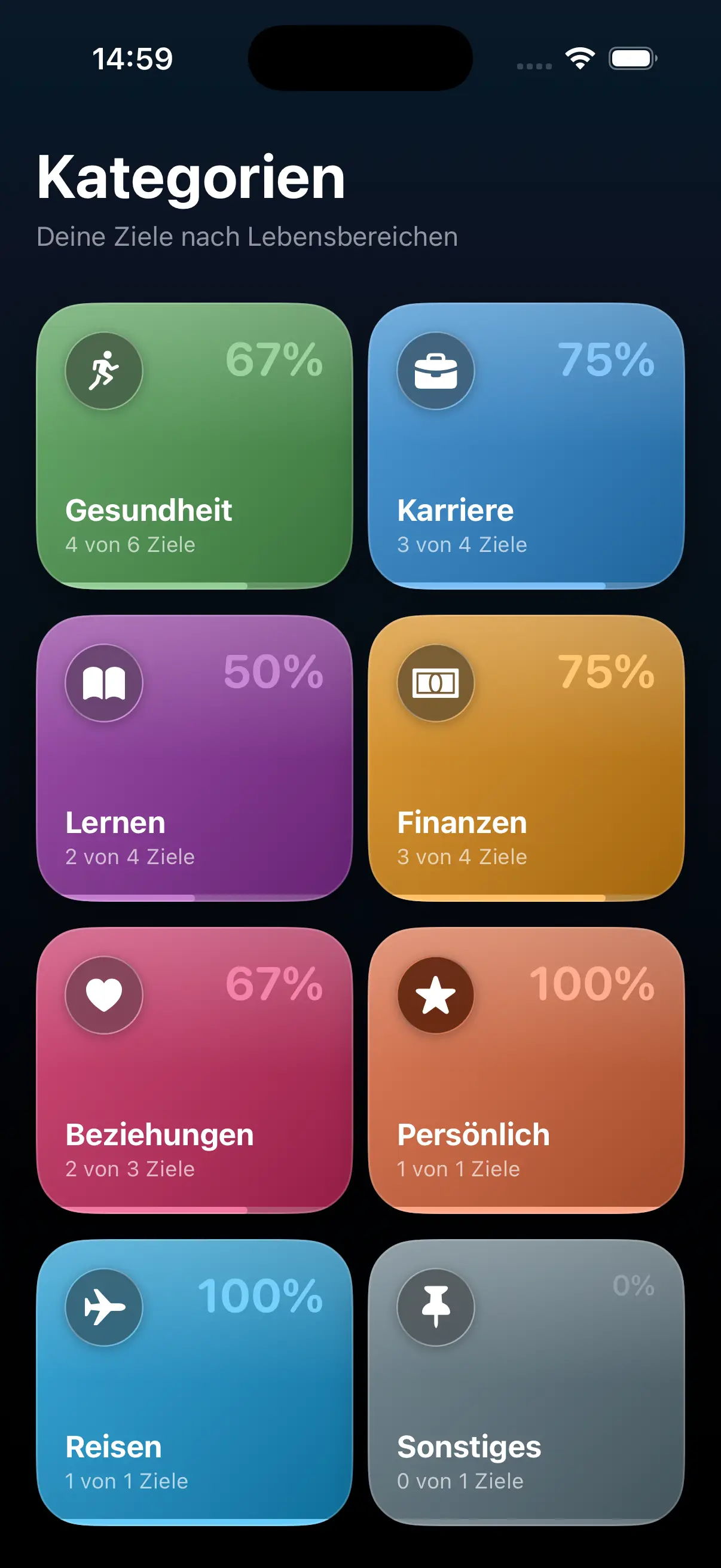 Ziele nach Kategorien wie Fitness, Gesundheit und Lernen sortiert in Golli