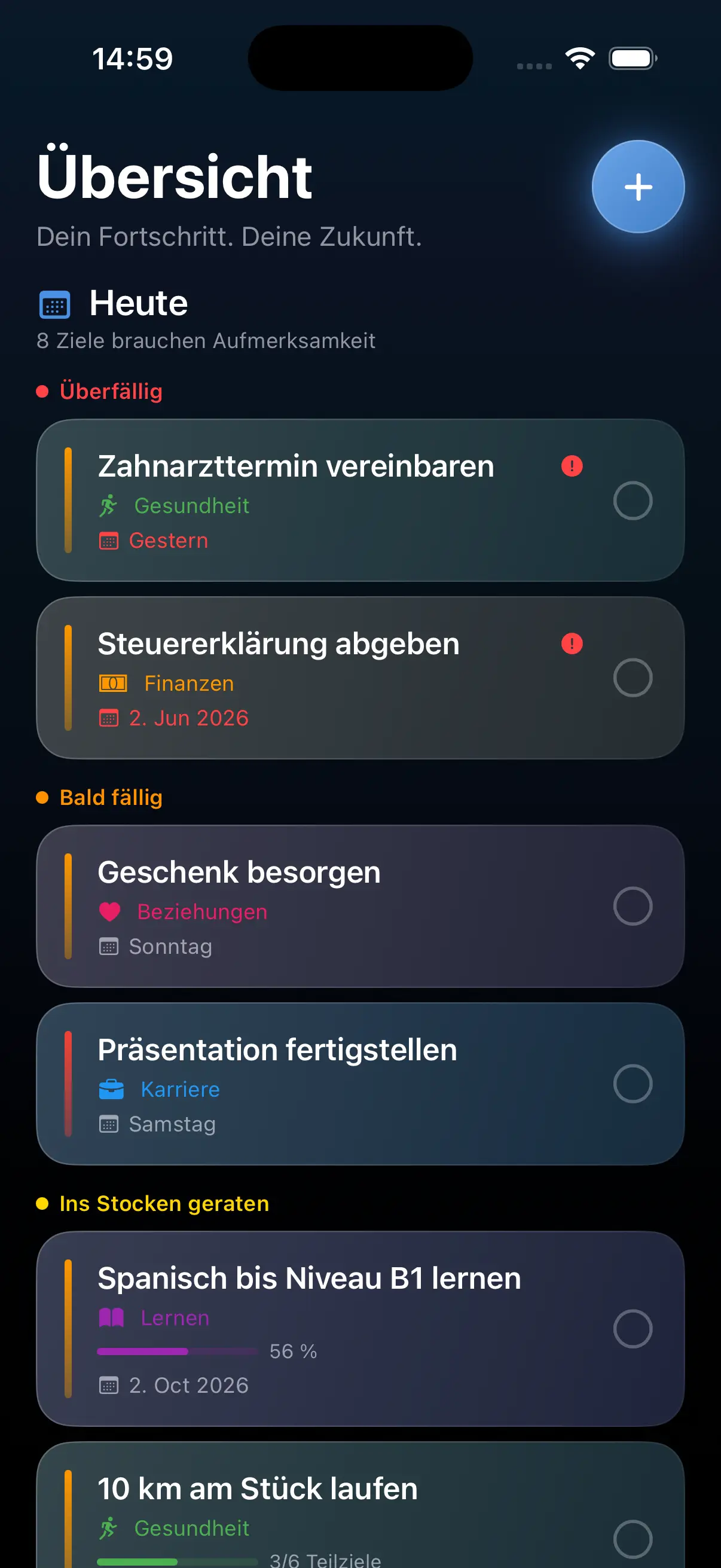 Golli Dashboard mit visuellem Fortschrittsring für deine Ziele und Gewohnheiten