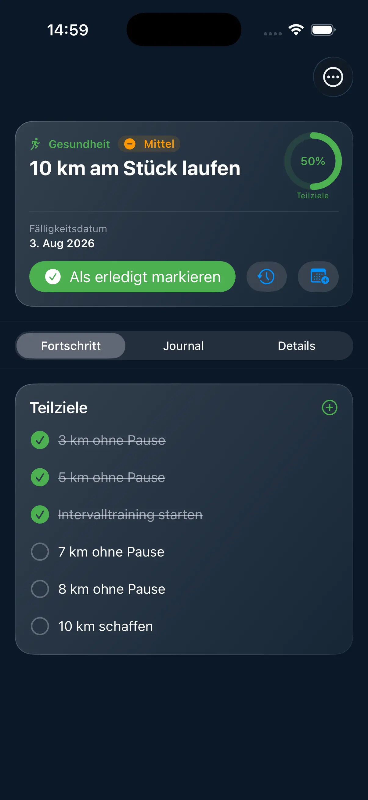 Zieldetail-Ansicht mit Key Results und täglichem Fortschritt in der Golli App