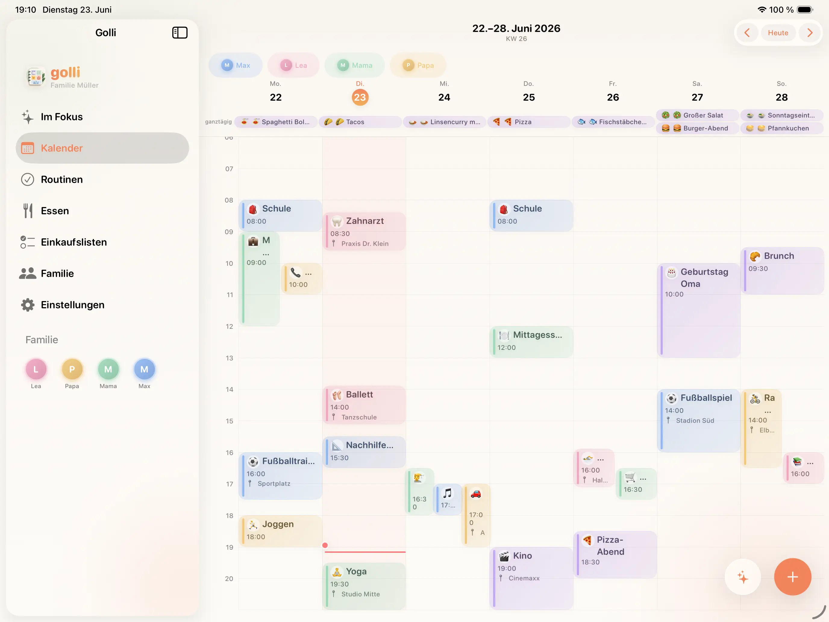 Golli Familien-Organizer auf dem iPad: Wochenkalender mit farbcodierten Terminen pro Familienmitglied