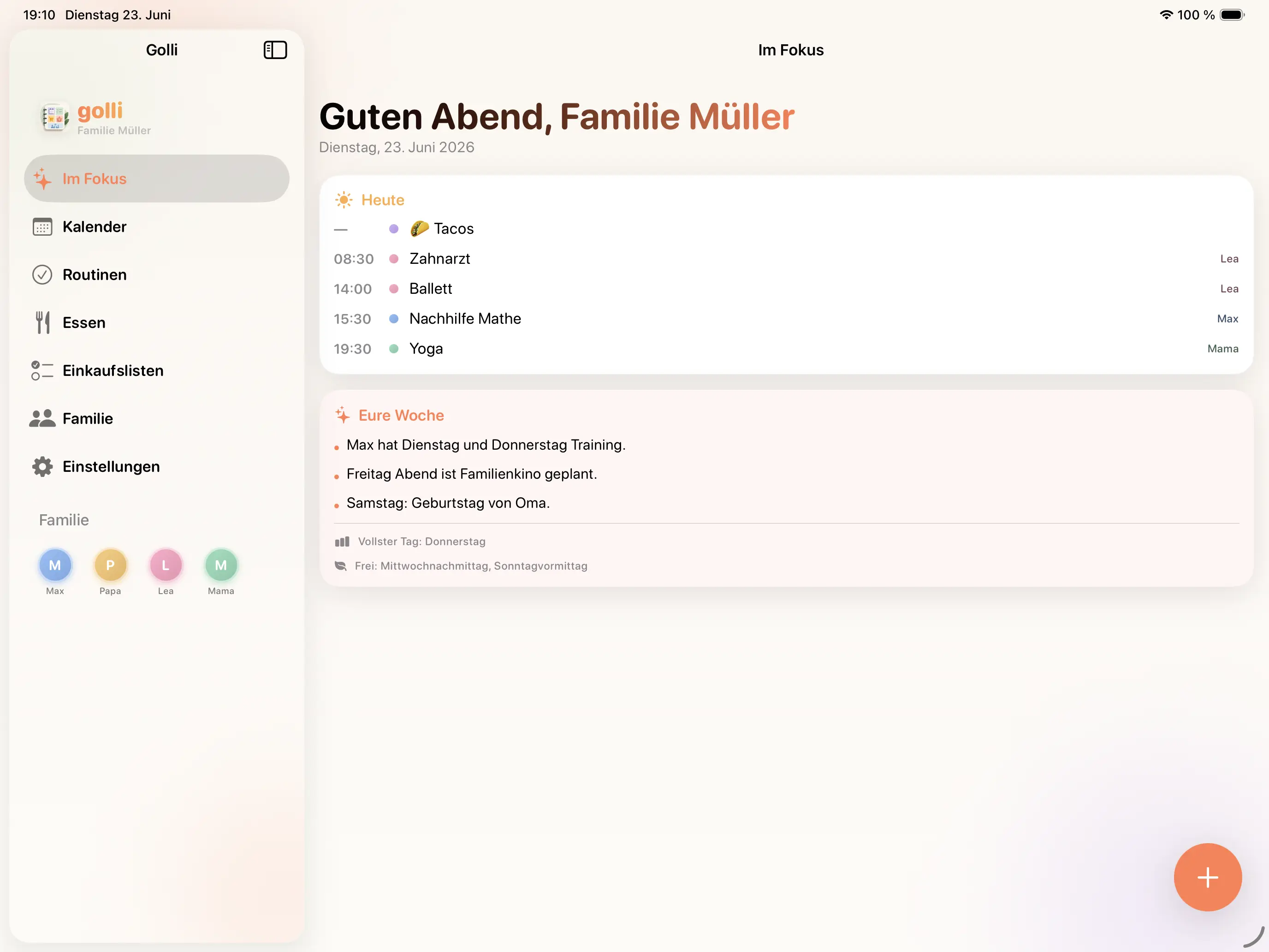 Tagesüberblick „Im Fokus" mit Terminen und Wochen-Highlights auf dem iPad
